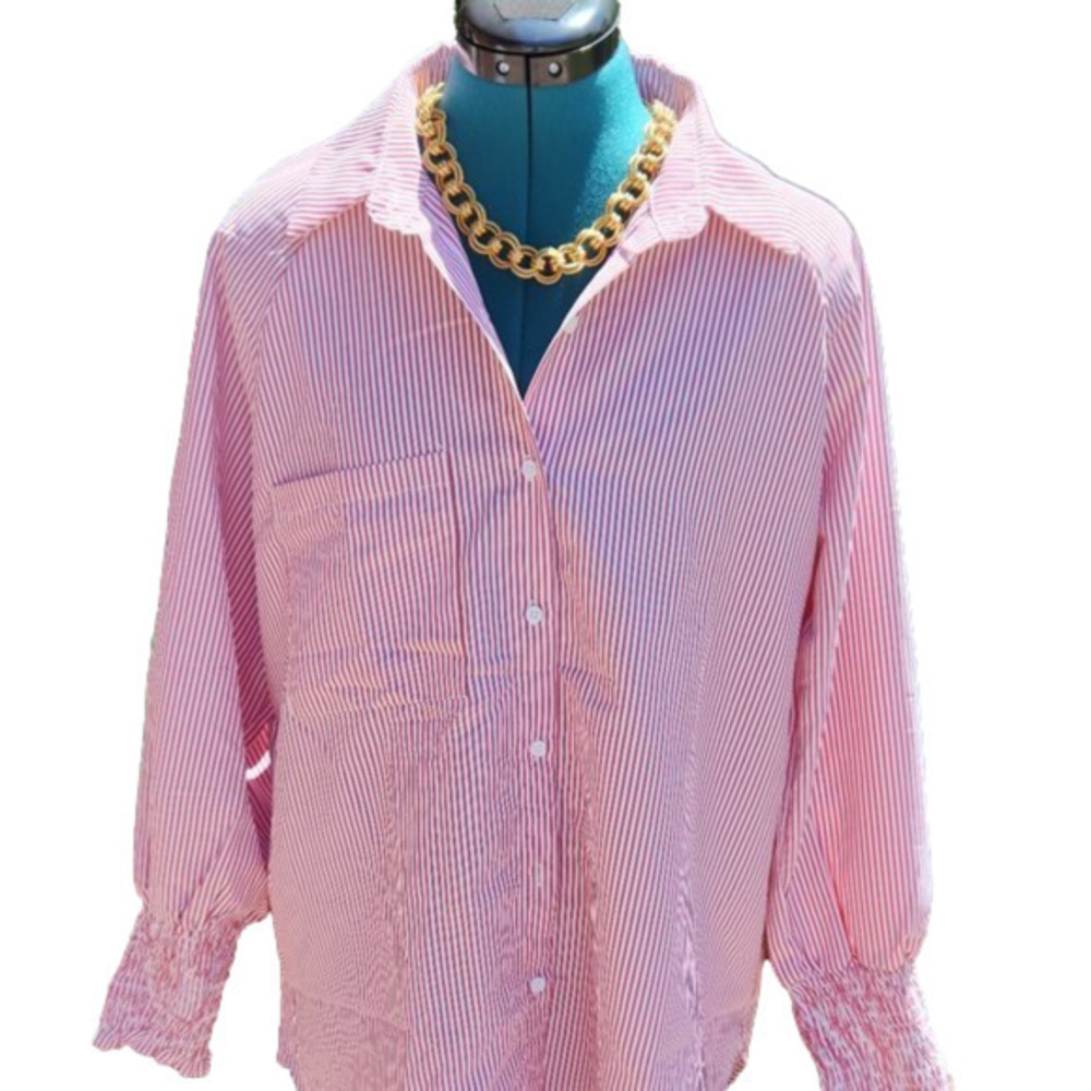 347. Pretty Garden Red and White Striped Shirt w/ statement sleeves |M